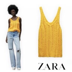 Zara Yellow Mustard Crochet Chunky Wool Knit Sleeveless Vest- Size S Blogger Fav